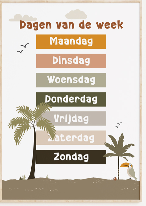 Jungle poster kinderkamer dagen van de week